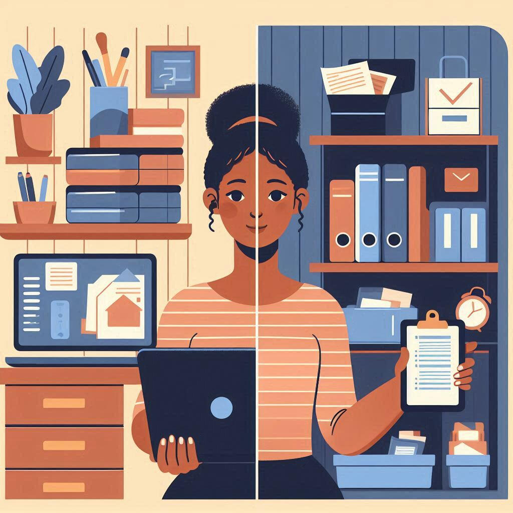 Woman showcasing her organized physical and digital space